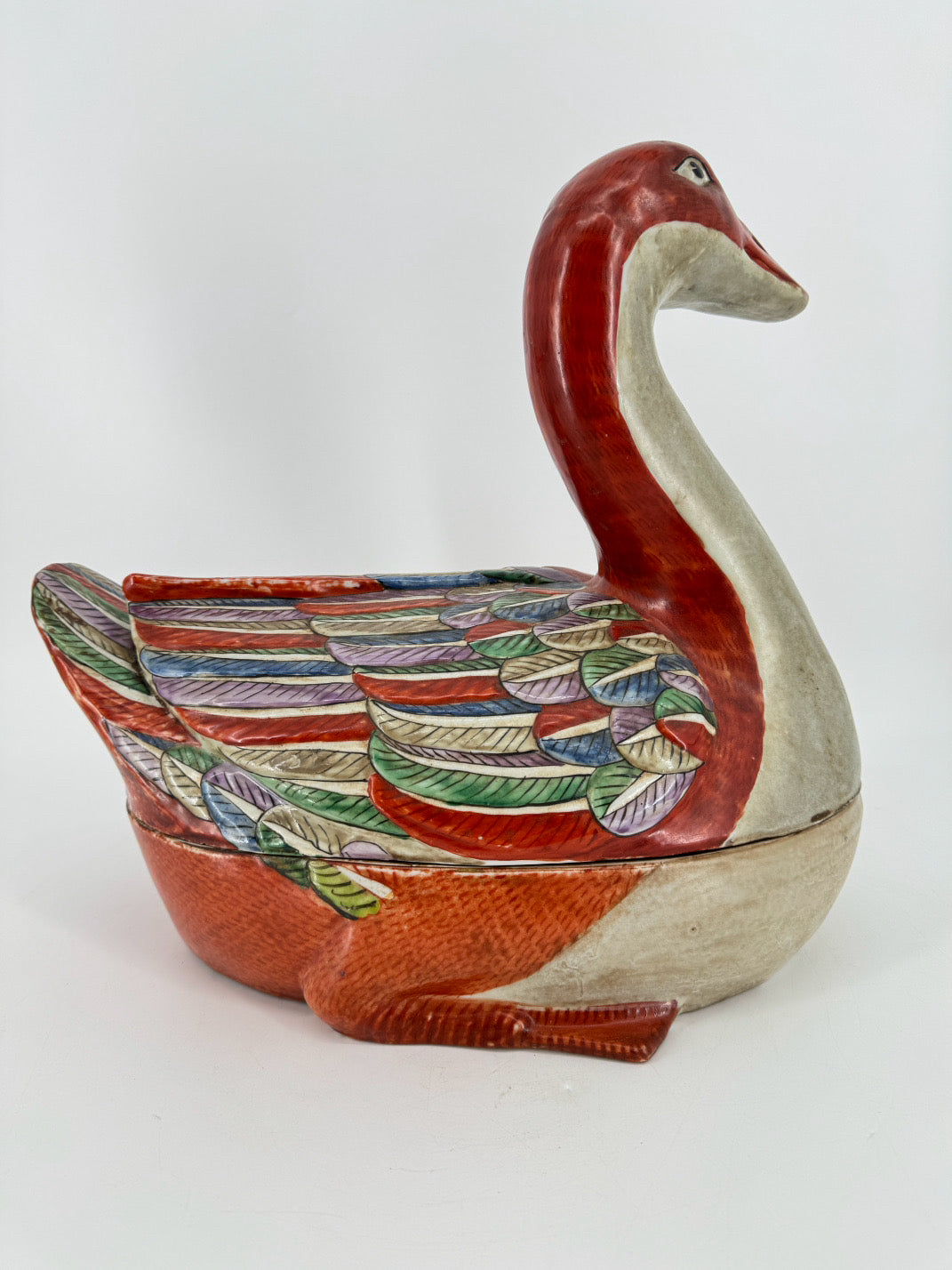 Rust & Multicolor Ceramic Goose Tureen