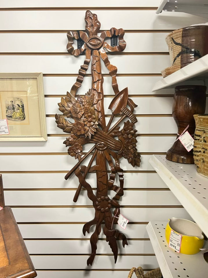 Wood Carved Bow & Floral Wall Hanging