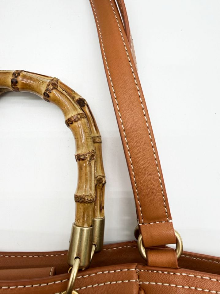 J MCLAUGHLIN Cognac Leather Purse w/ Bamboo Handle