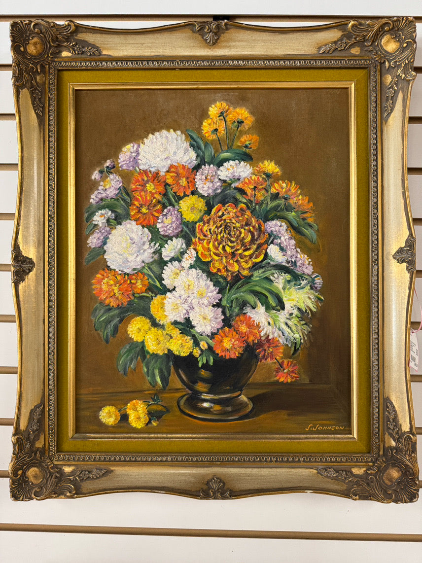 S. JOHNSON Orange & Purple Flowers in Vase Painting in Gold Frame