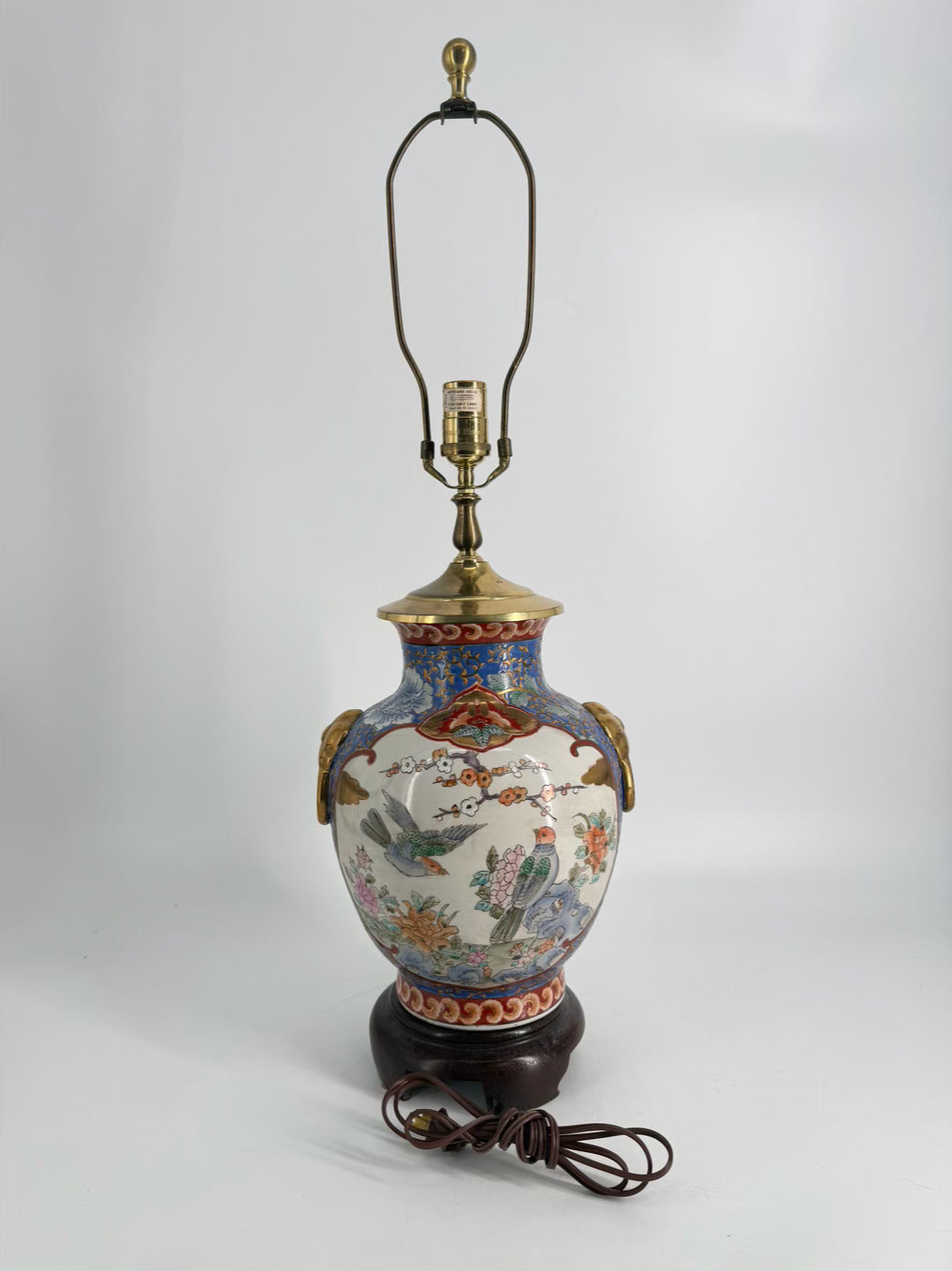 Blue, White & Rust Oriental Porcelain Birds Lamp No Shade