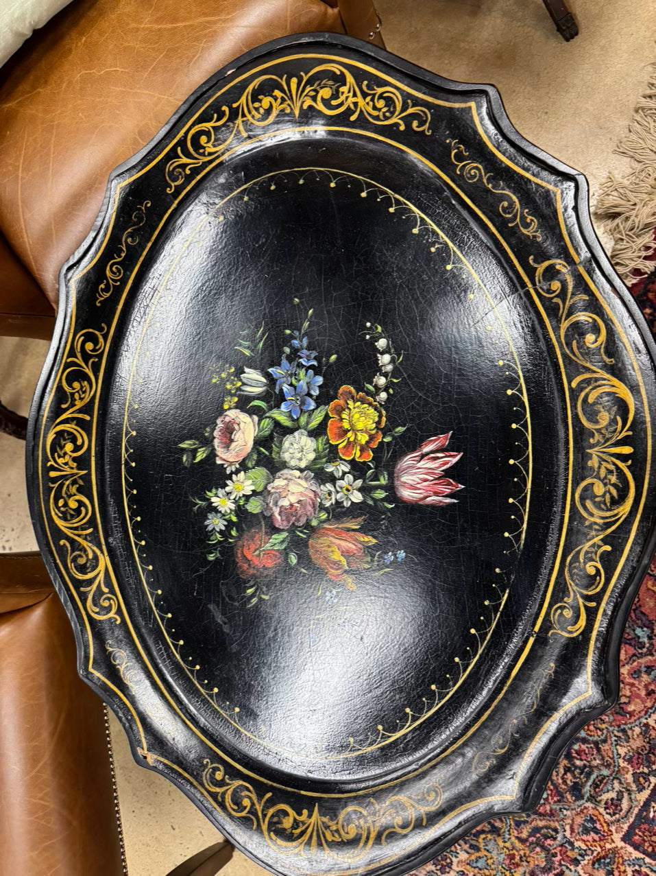 VINTAGE Wood Painted Black Flowers Coffee Table w/ Removable Tray