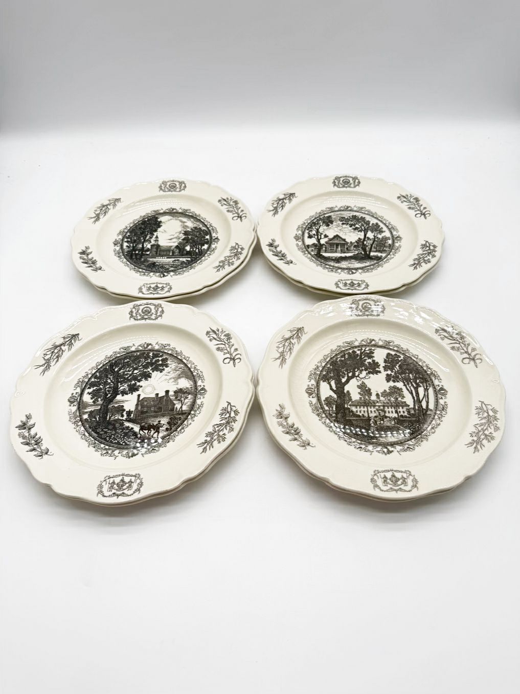 WILLIAMSBURG White & Black Transferware Set Of 8 Dinnerware Plates