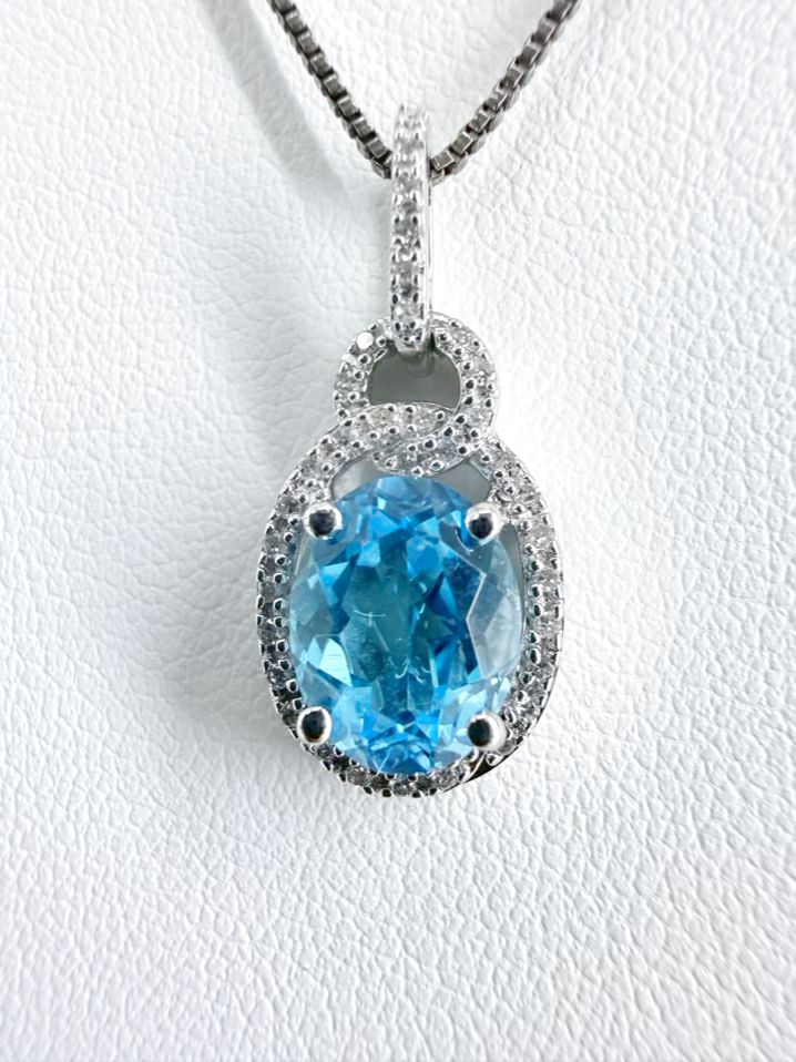 STERLING SILVER Blue Topaz & Diamond Oval Necklace & Earring Set