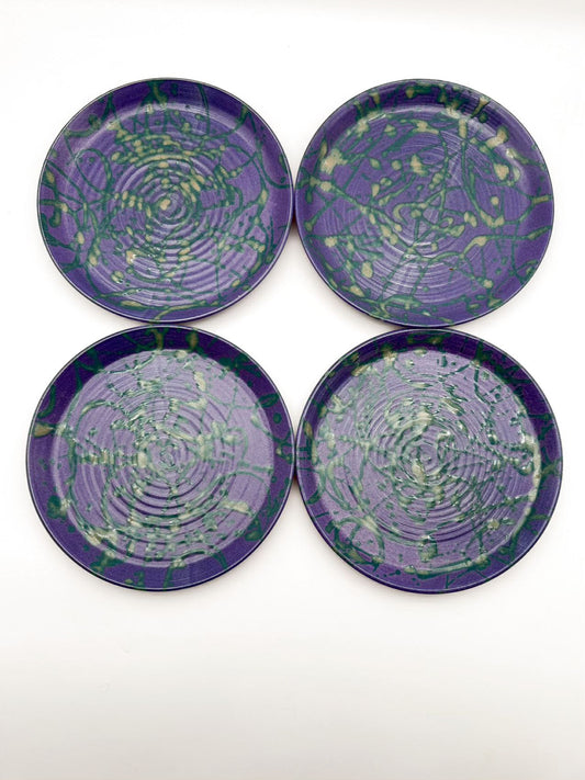 ROBIN BLOOM Purple & Green Pottery Set Of 4 Plates