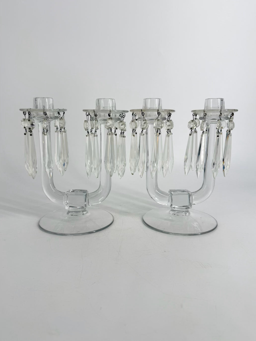 HEISEY Clear Glass Pair Of Candleholders w/ Babiches