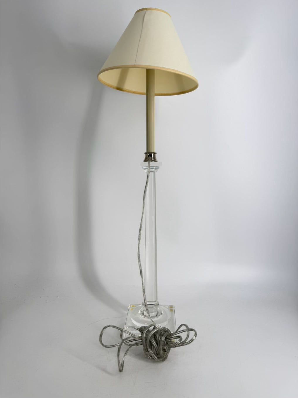 Clear Acrylic Pair Of Tall Candlestick Lamps w/ Shades