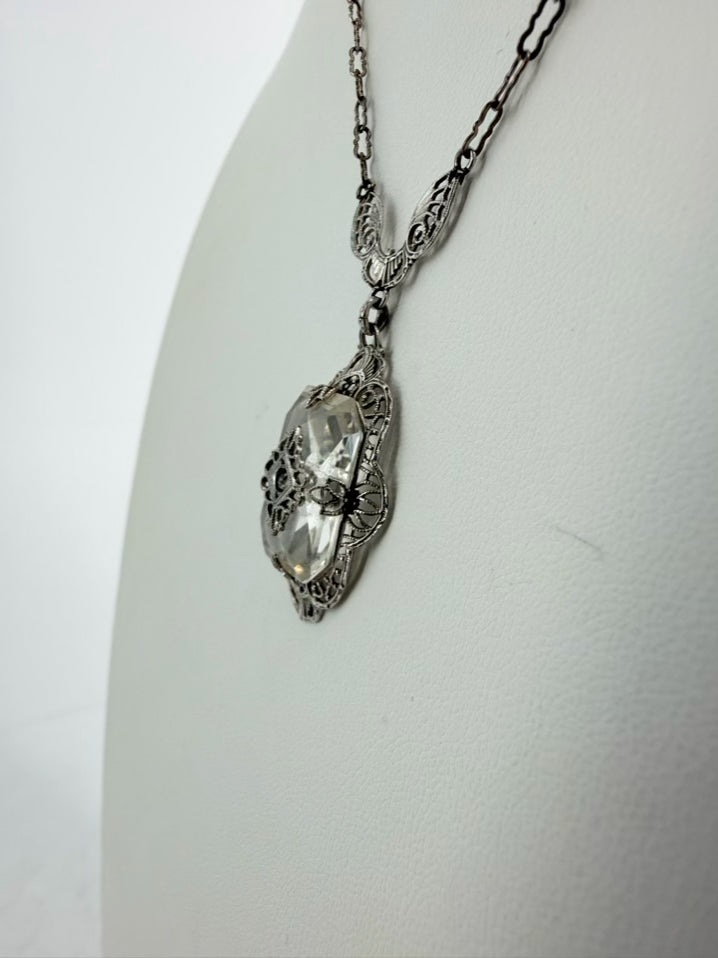 Silver Like Clear Emerald Cut Art Deco Necklace