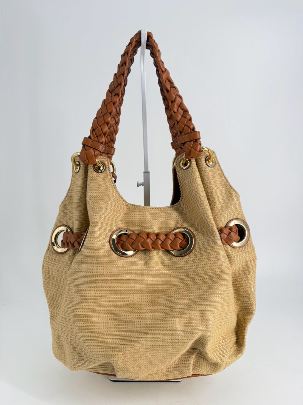 MICHAEL KORS Leather Natural Straw Woven Purse
