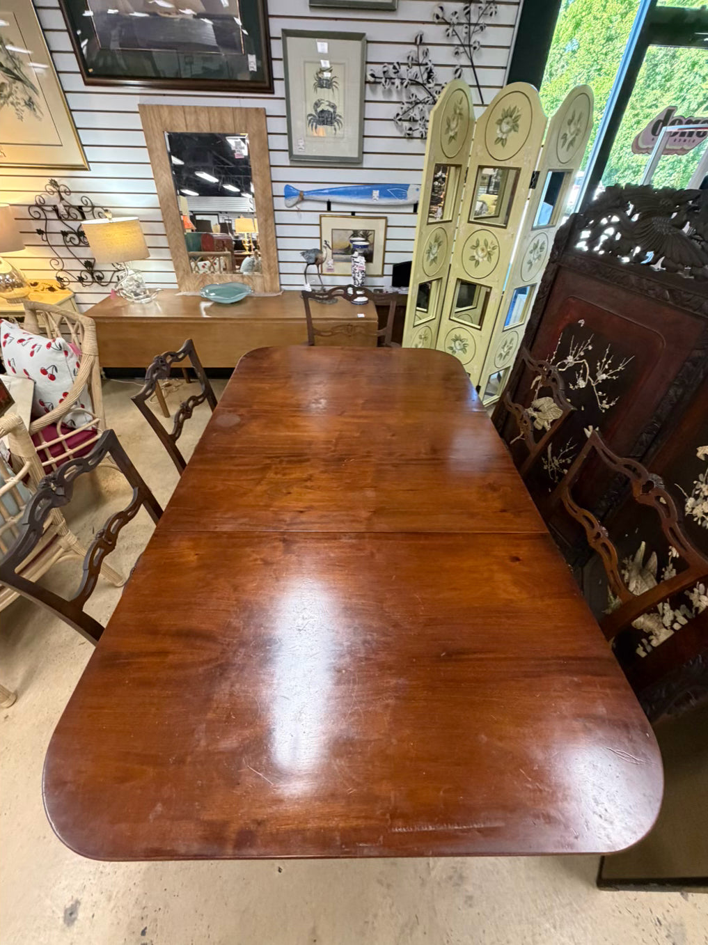 VINTAGE Wood Dining Set Of Table & 6 Ribbon Back Chairs w/ Leaves