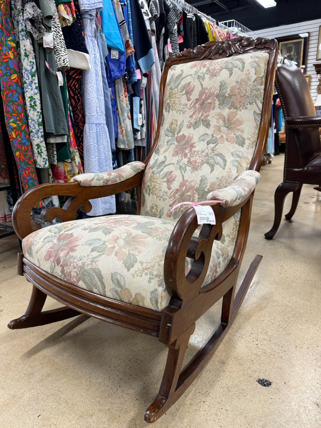 Victorian Wood Floral Upholstered Rocking Chair