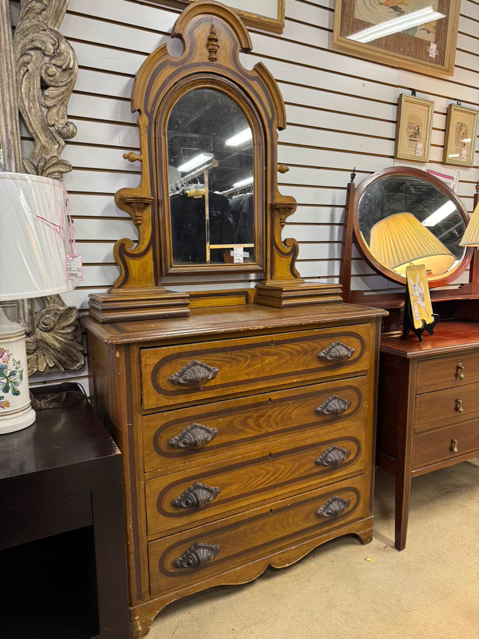 ANTIQUE Wood Dresser w/ Smoky Mirror
