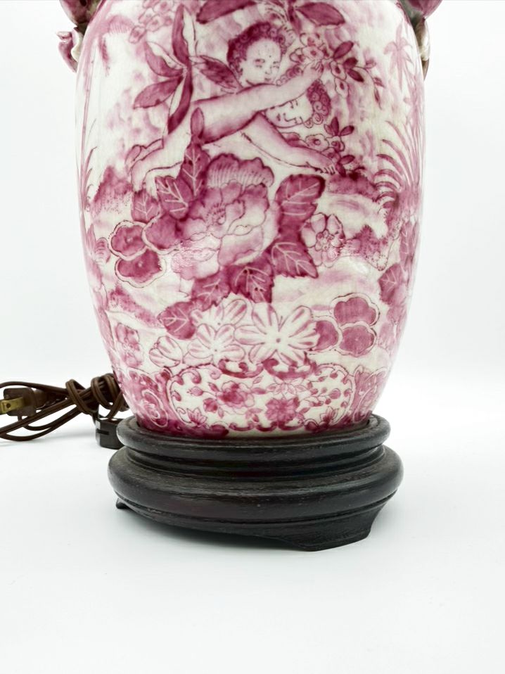 Pink & White Chinoiserie Porcelain Jar Lamp On Brown Wooden Base