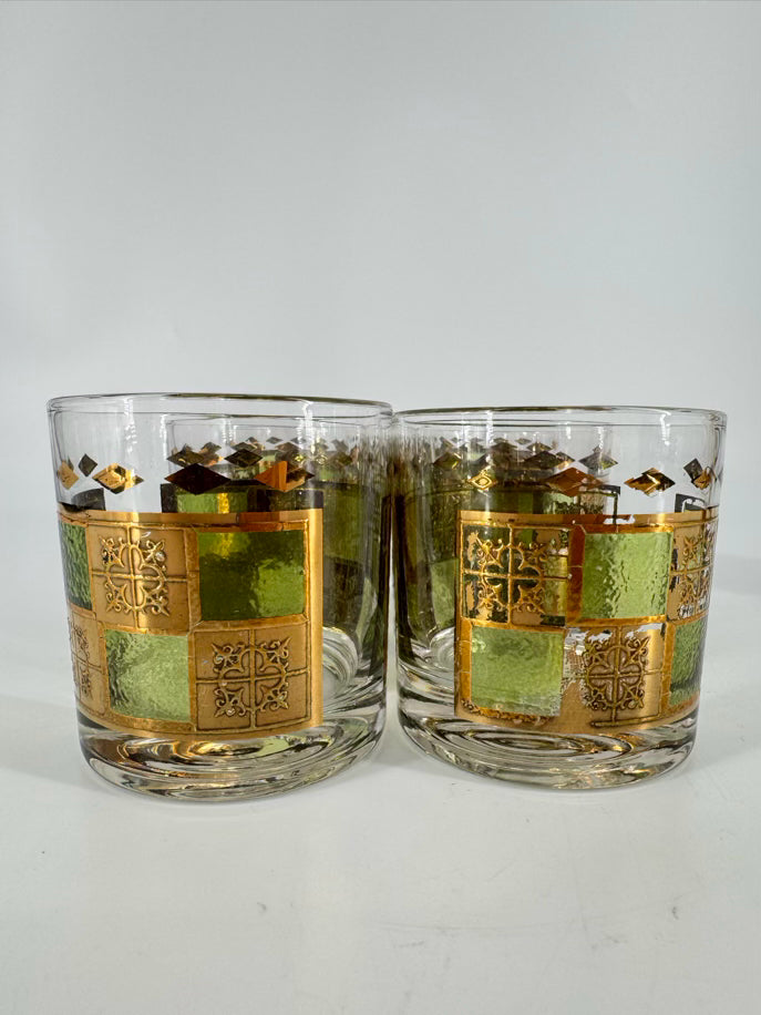 VINTAGE Green & Gold Martini Pitcher w/ 6 Glasses