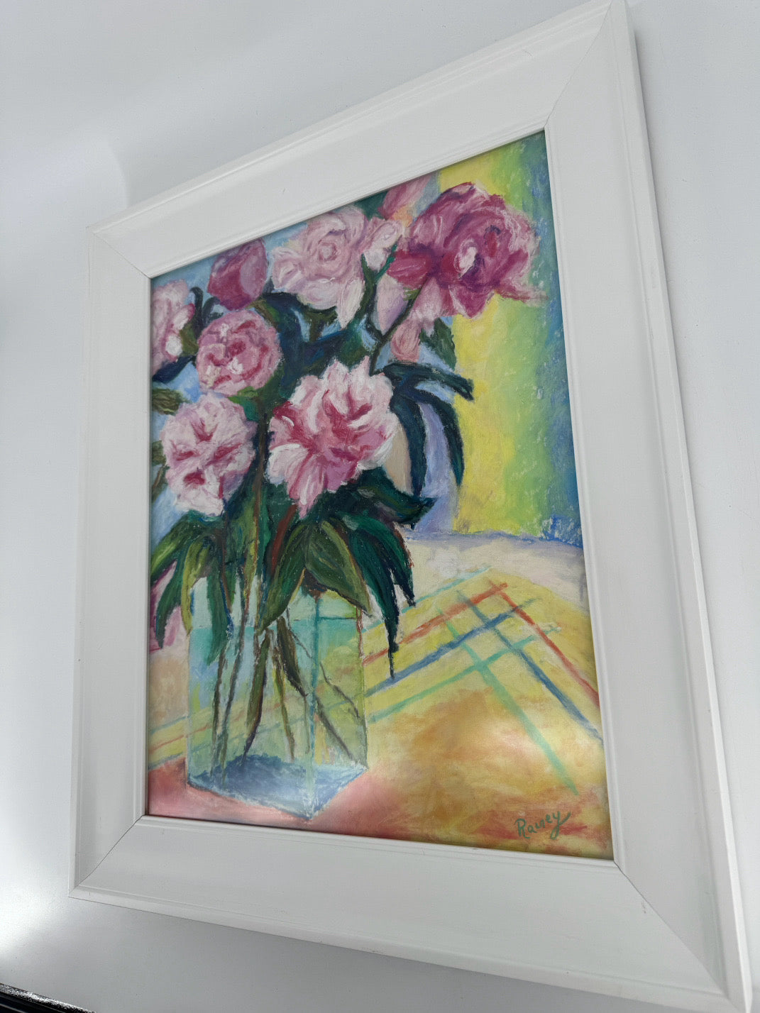 RAINEY Pink Flowers in Glass Vase in White Wood Frame