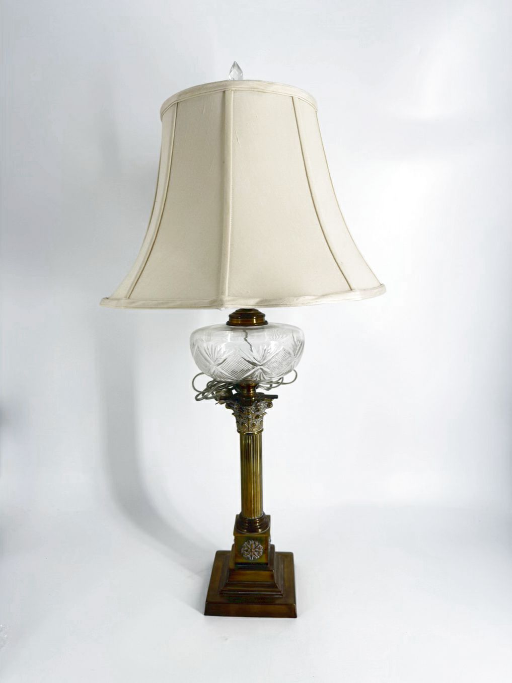 VINTAGE Glass & Brass Column Lamp w/ Shade