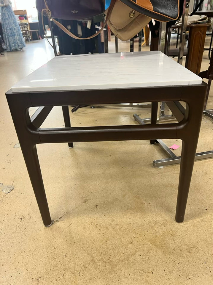 Brown & White Wood & Stone End Table