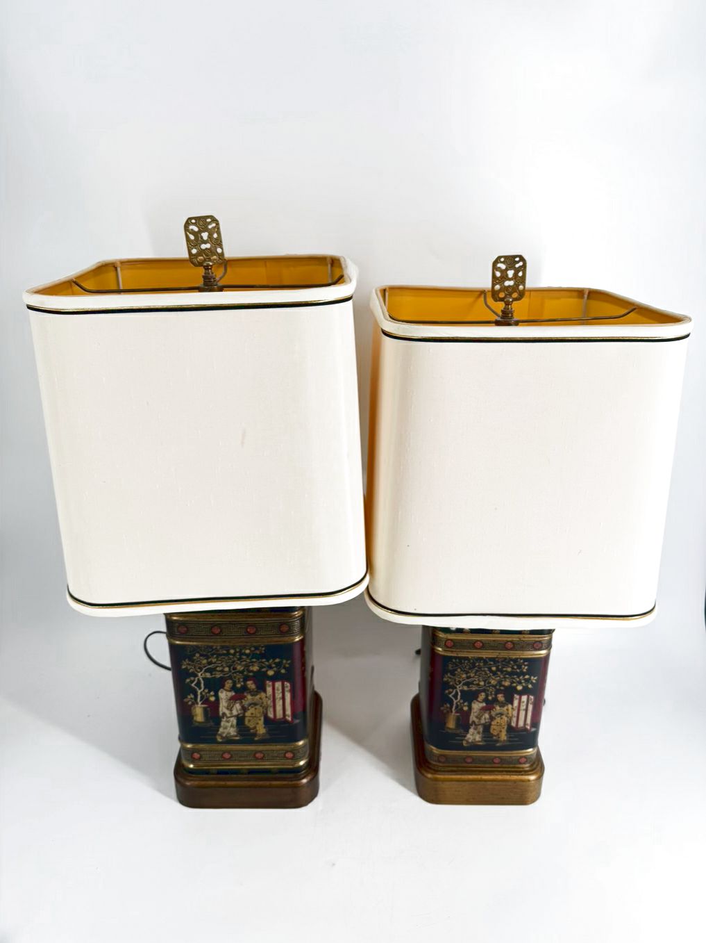 Black, Red & Gold Tin Oriental Pair of Tea Caddy Lamps w/  Square White Shades
