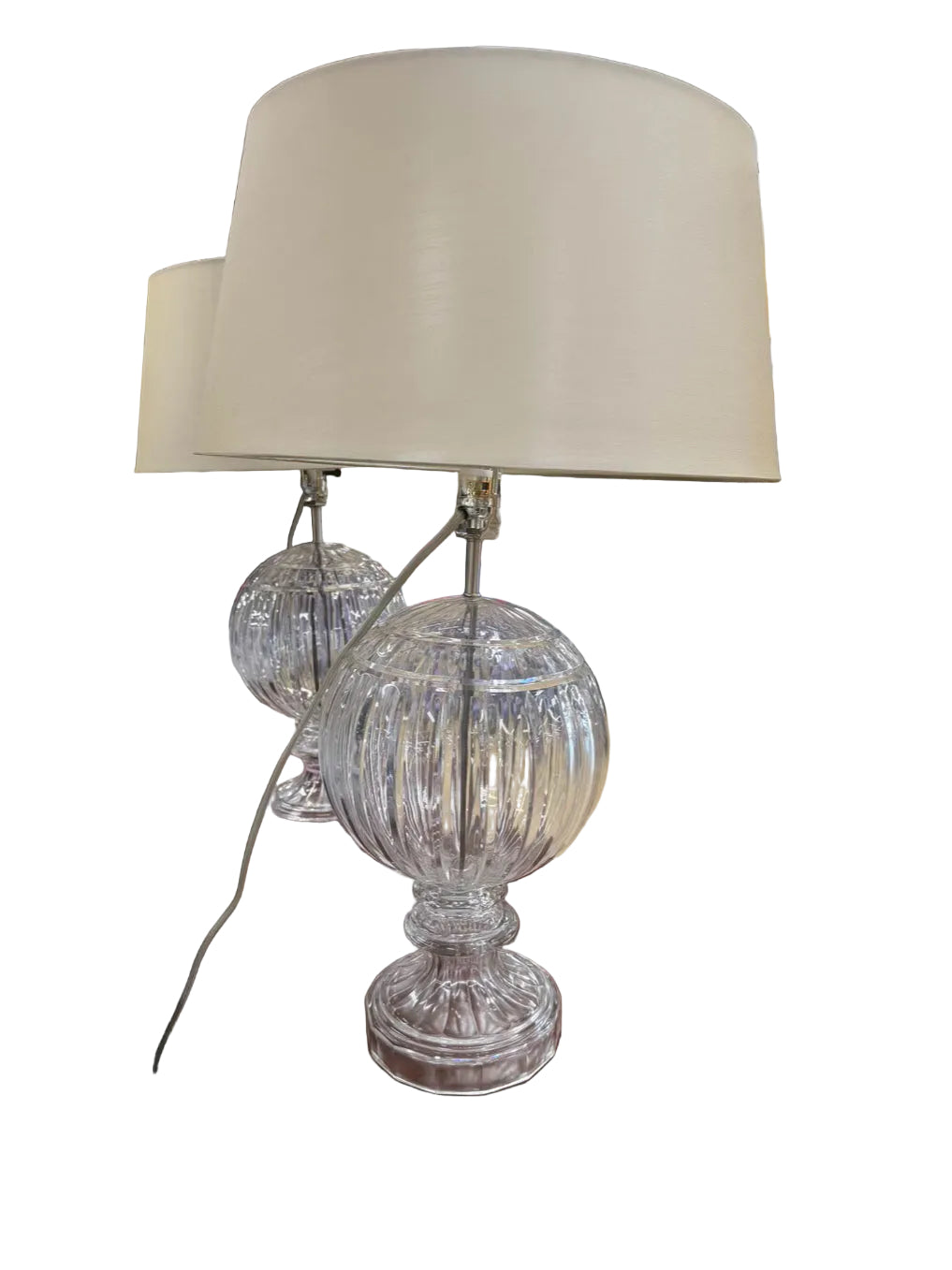Clear Glass Ball Pair Of Lamps w/ Beige Shade