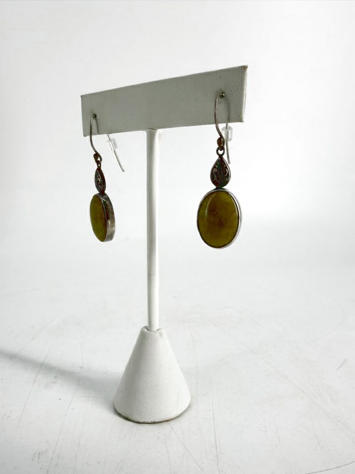 STERLING SILVER Green Apple Turquoise Oval Dangle Earrings