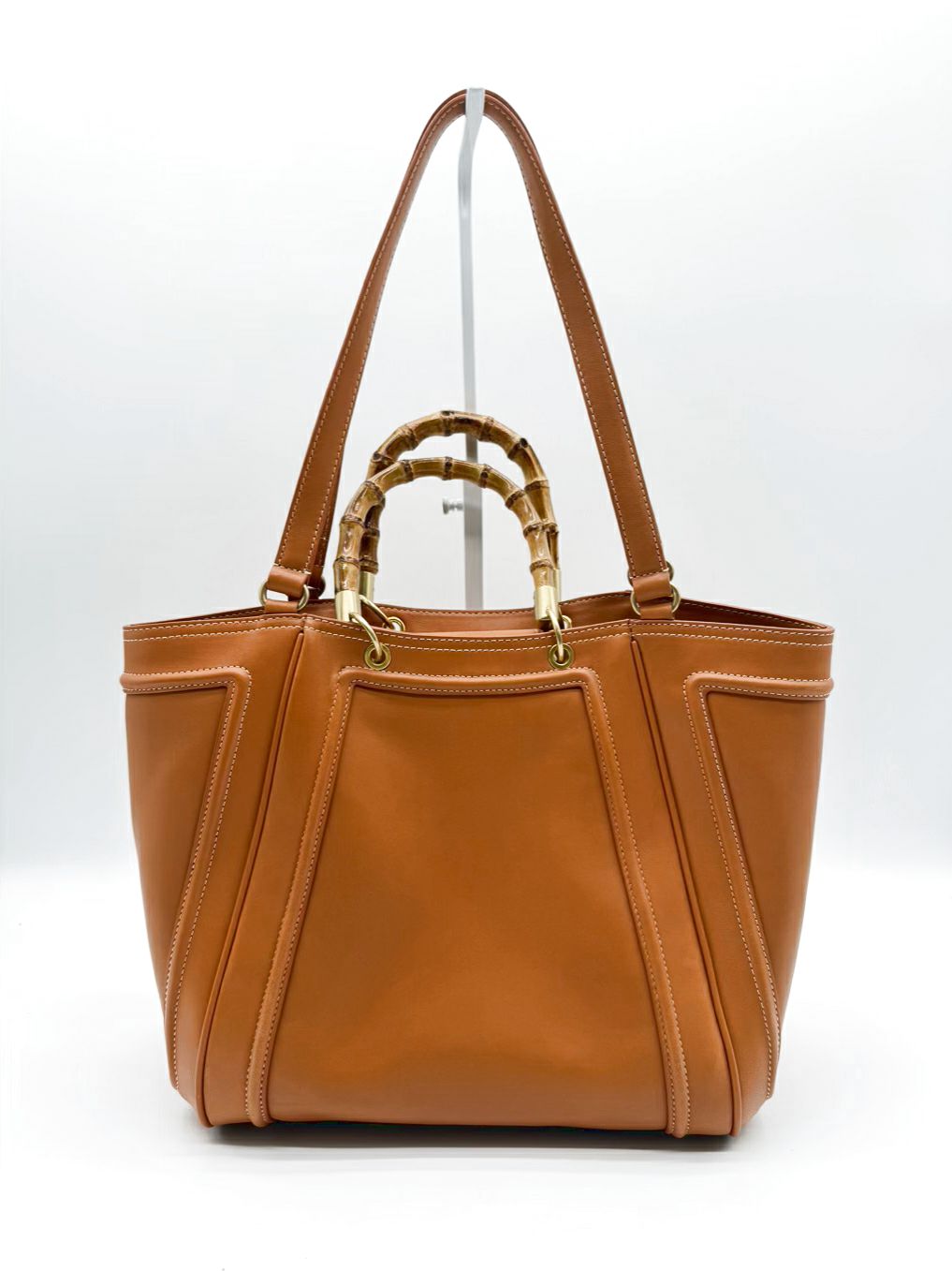J MCLAUGHLIN Cognac Leather Purse w/ Bamboo Handle