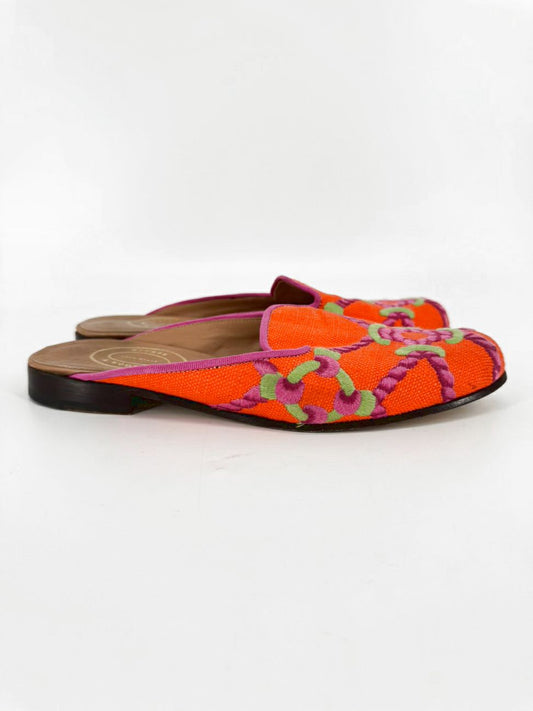STUBBS & WOOTTON Size 9.5 Orange & Pink Leather & Fabric Knot Mules