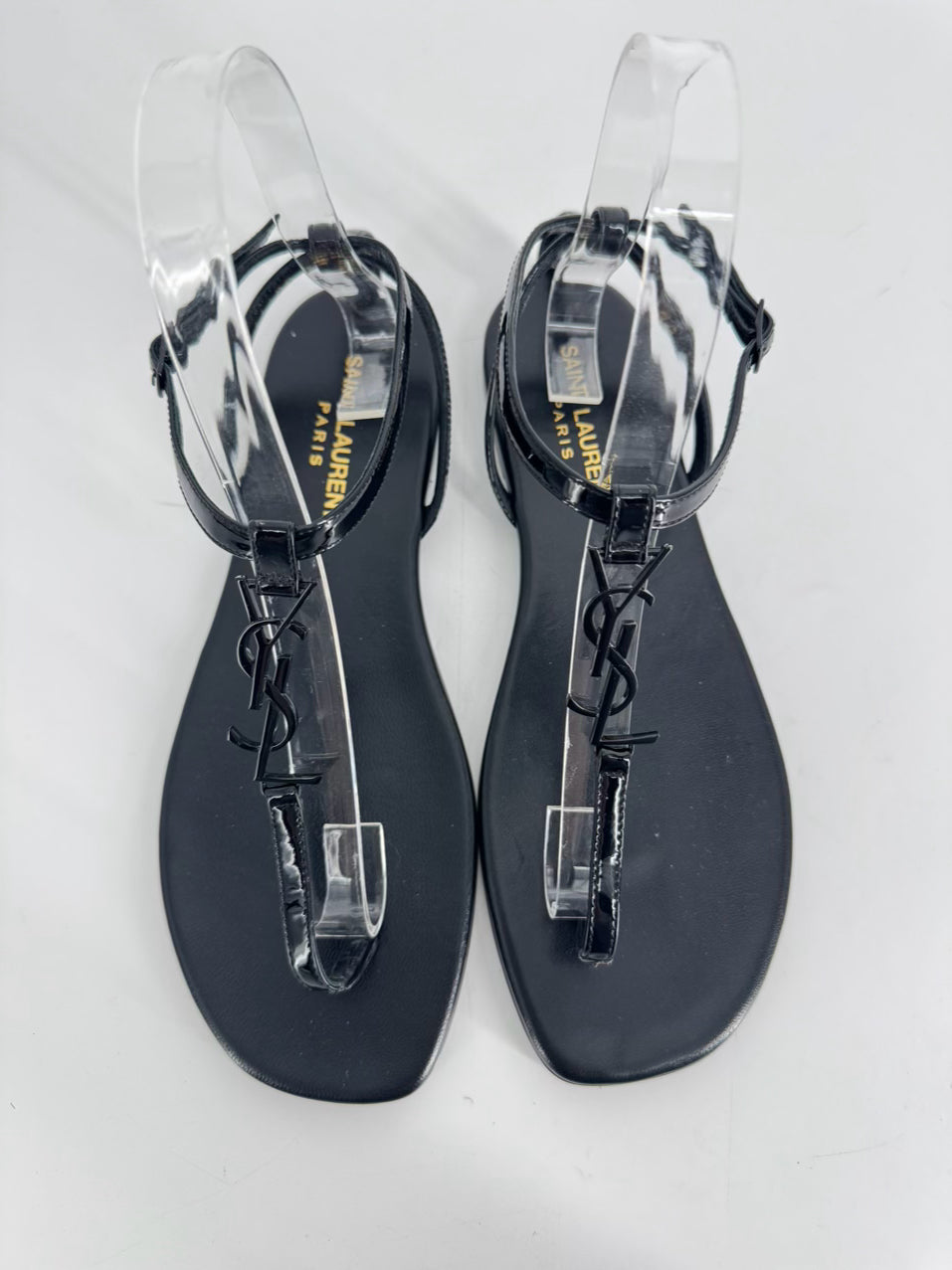 SAINT LAURENT Size 37.5 Black Leather Logo Sandals
