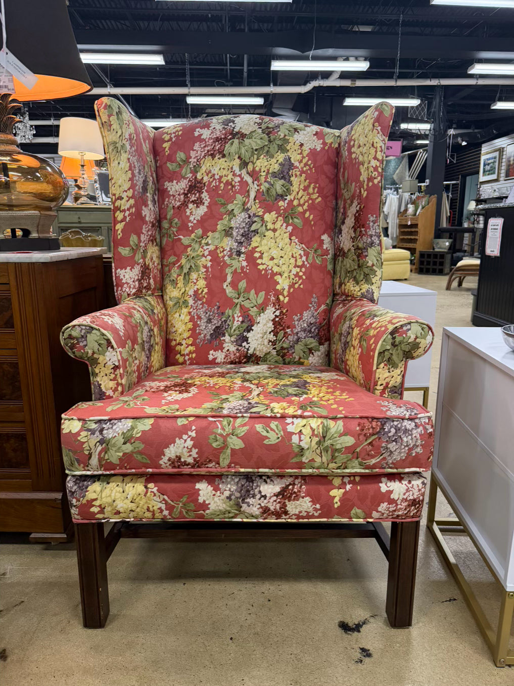 Salmon, Green & Yellow Floral Wing Back Chair