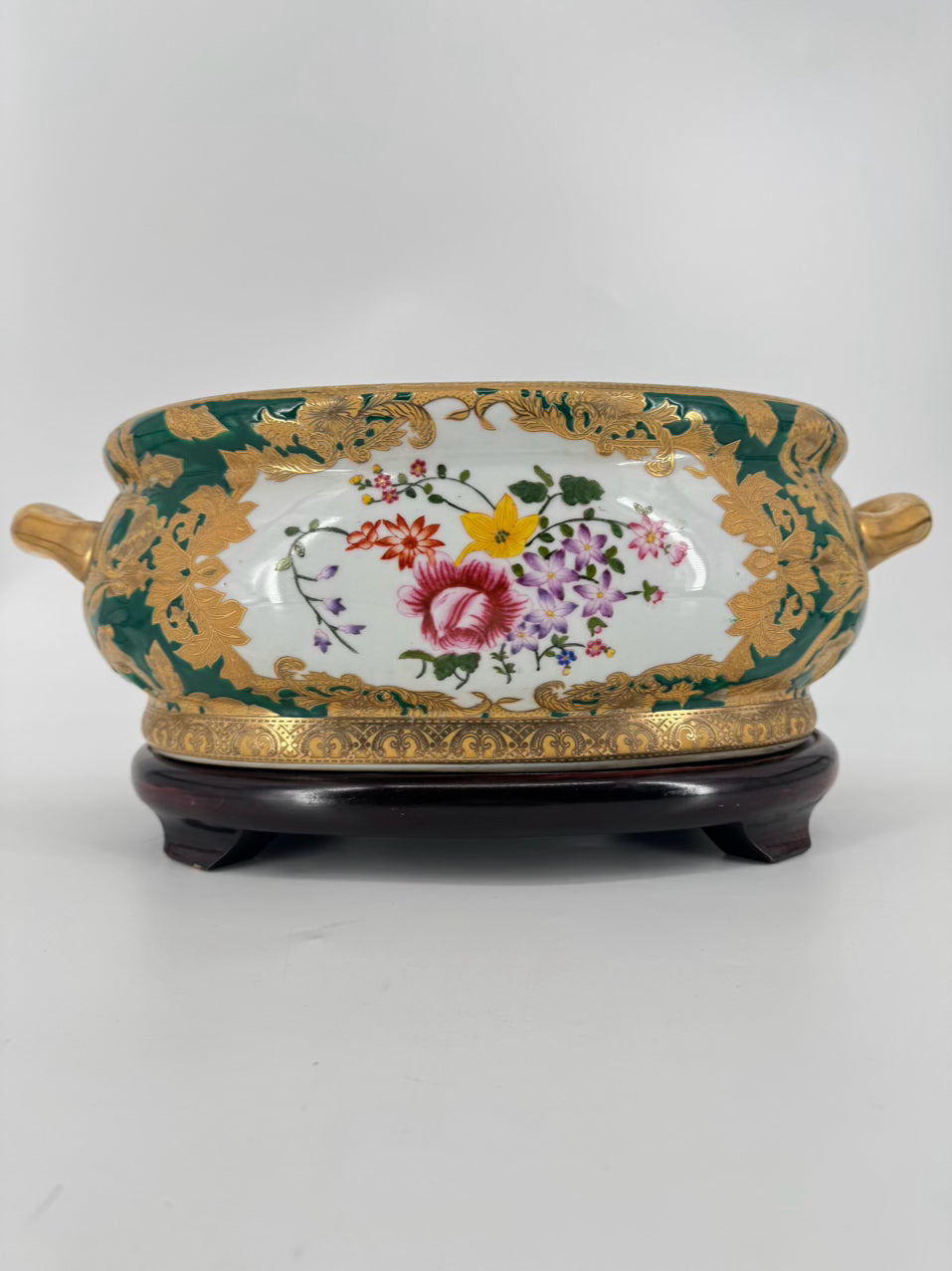 Green & Gold Fish & Flowers Porcelain Planter w/ Wood Stand