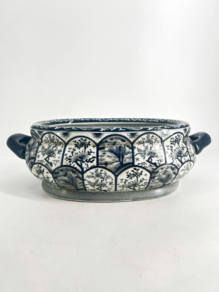 Blue & White Porcelain Oval Chinoiserie Foot Bath W/ Fish Handles