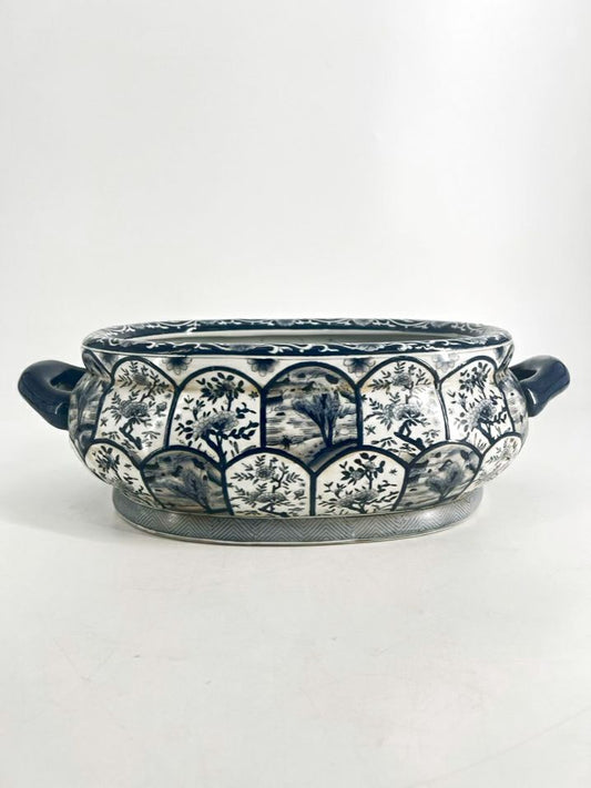 Blue & White Porcelain Oval Chinoiserie Foot Bath W/ Fish Handles