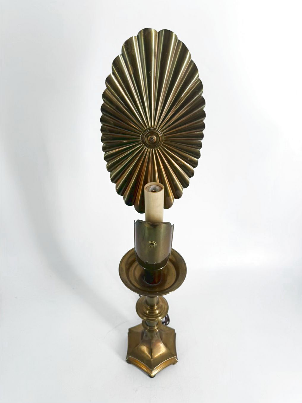 VINTAGE Brass Candlestick Table Lamp w/s Sunburst Reflector