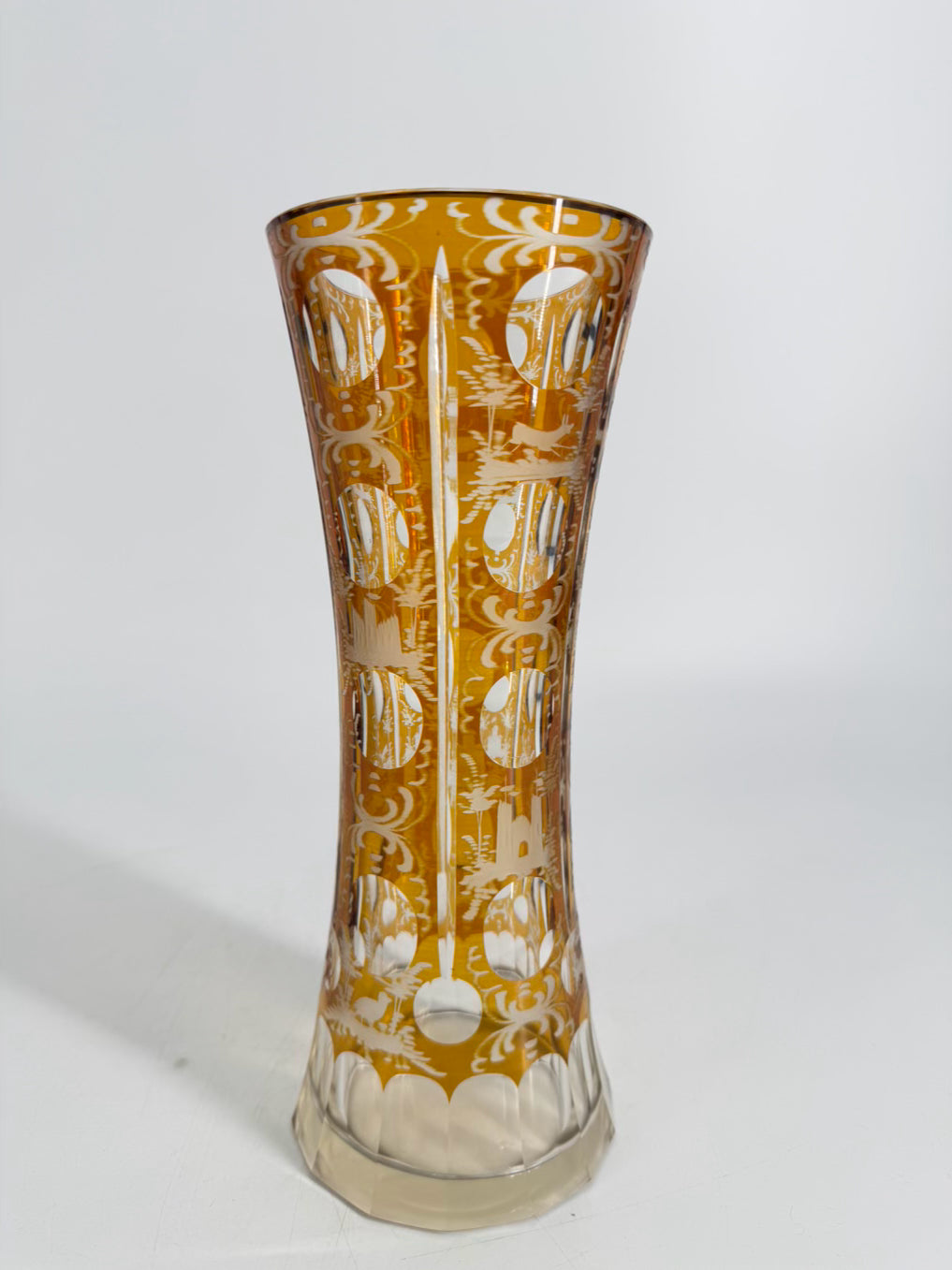 BOHEMIAN Amber & Clear Crystal Woodland Design Vase