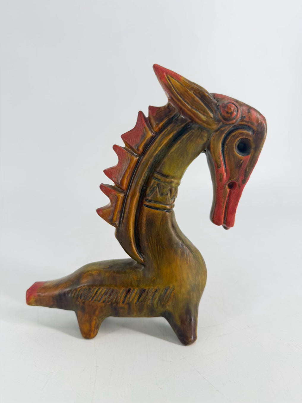 VINTAGE Green & Orange Pottery Sea Horse Sculpture