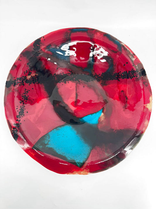 Red, Blue & Black Art Glass Large Round Shallow Bowl