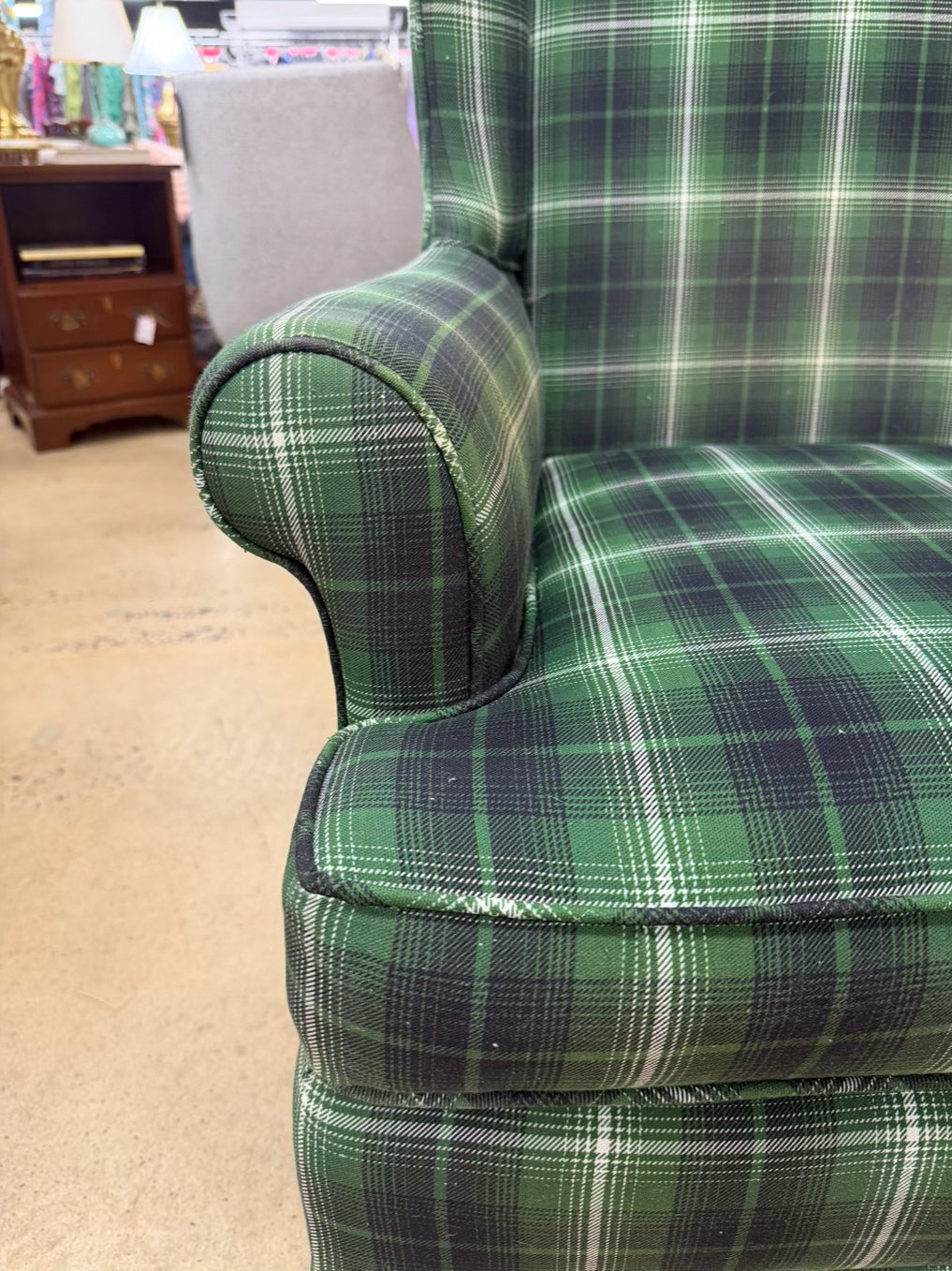 Green & White Plaid Tartan Pair Of Wing Back Chairs