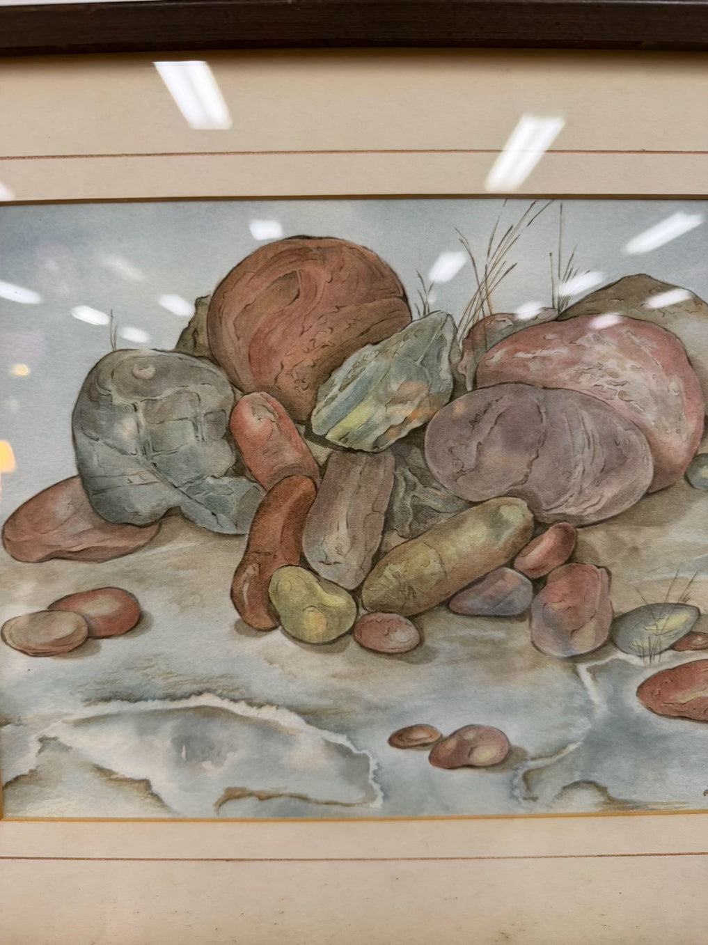 ANN DAVIS Watercolor Rock In Brown Frame