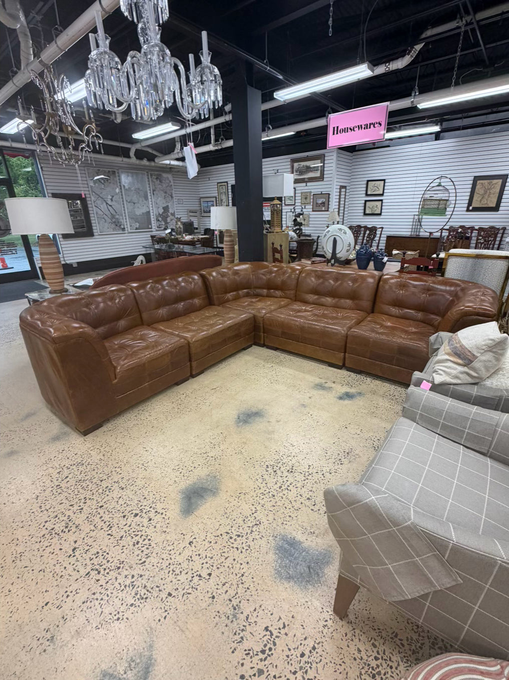 POTTERY BARN Brown Leather 5 Piece Sectional Sofa