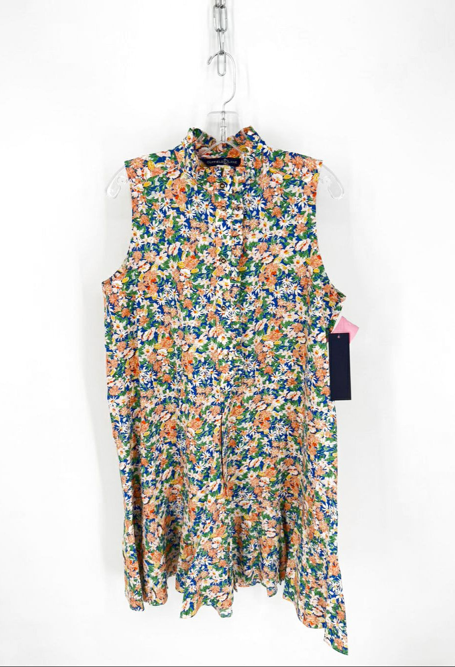 DUFFIELD LANE Size L Blue & Orange Ruffle Detail Floral Sleeveless Dress NWT