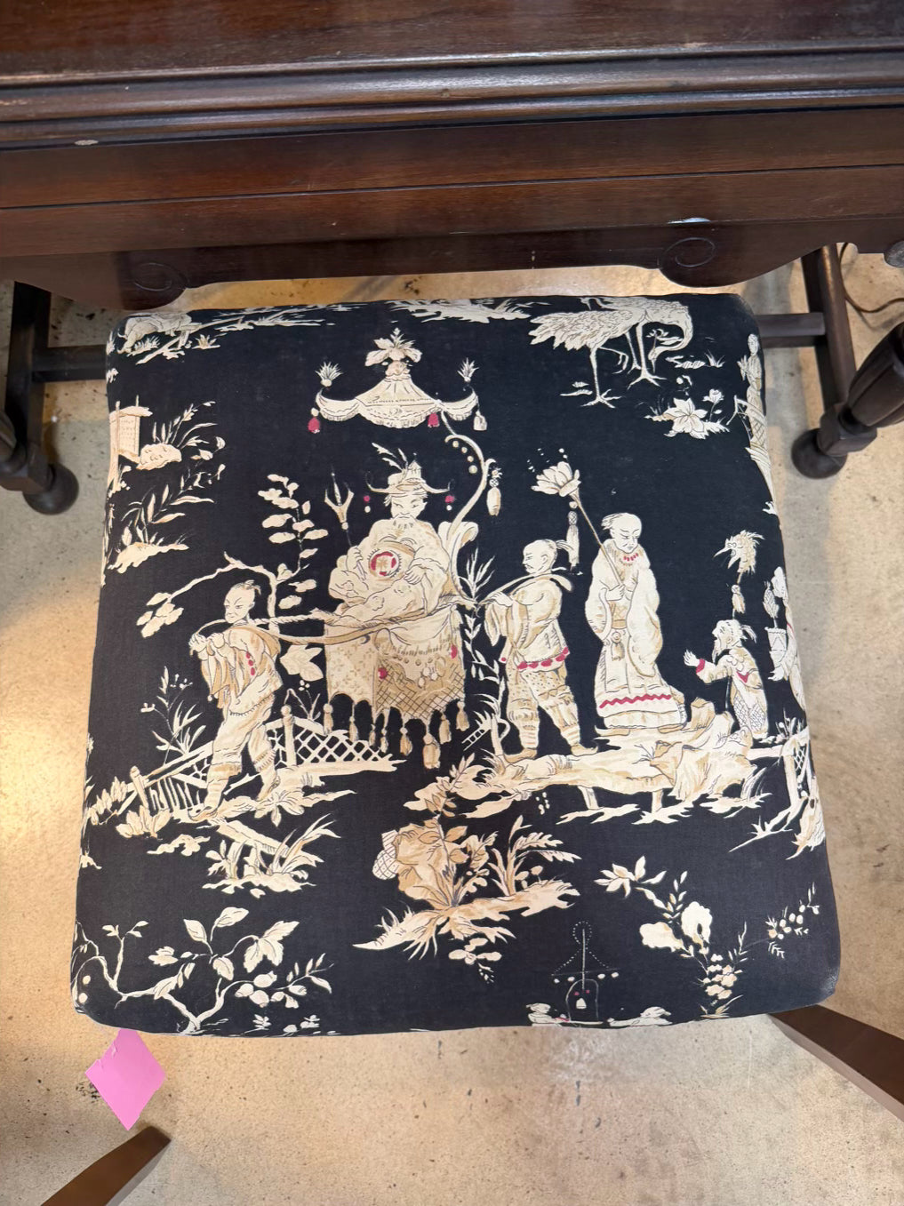 Black, Cream & Pink Wood Oriental Print Stool