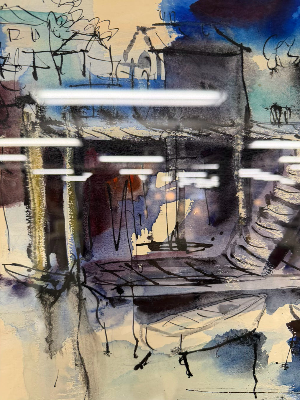 BERKMAN Abstract Waterfront Scene Watercolor In Black Frame