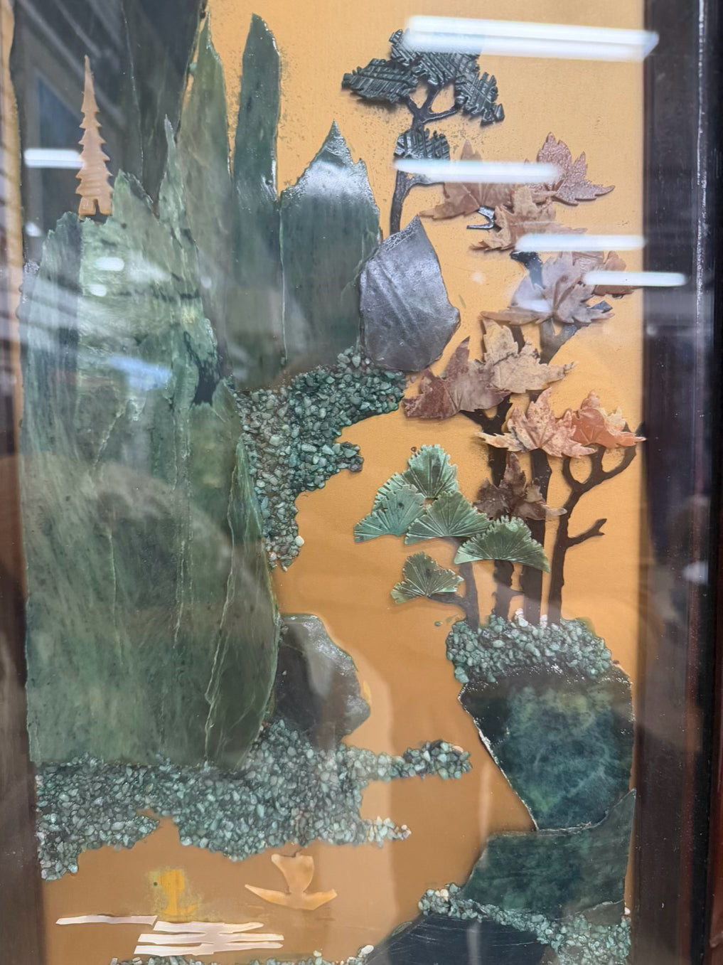 Wood Panel In Bamboo Like Frame w/ Green Inlaid Stone