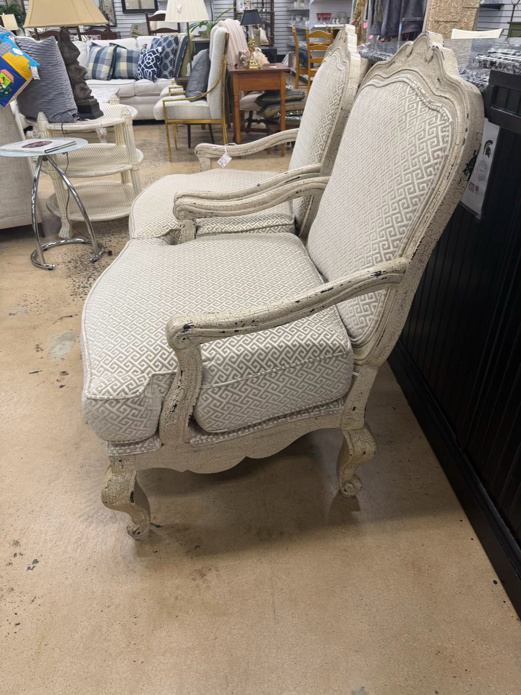 Cream Crackle Louis XV Oversized Pair Of Chairs w/ Taupe & White Fabric