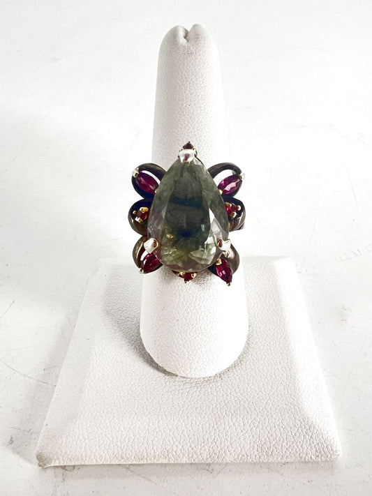 Sterling Silver Purple & Green Stones Pear Shape Ring