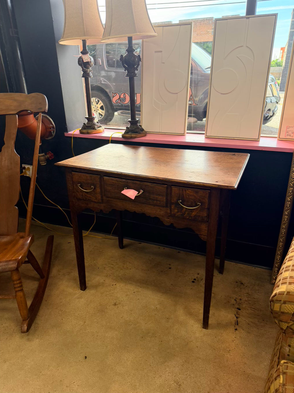 Medium Brown English Oak Occasional Table w/ 3 Drawers