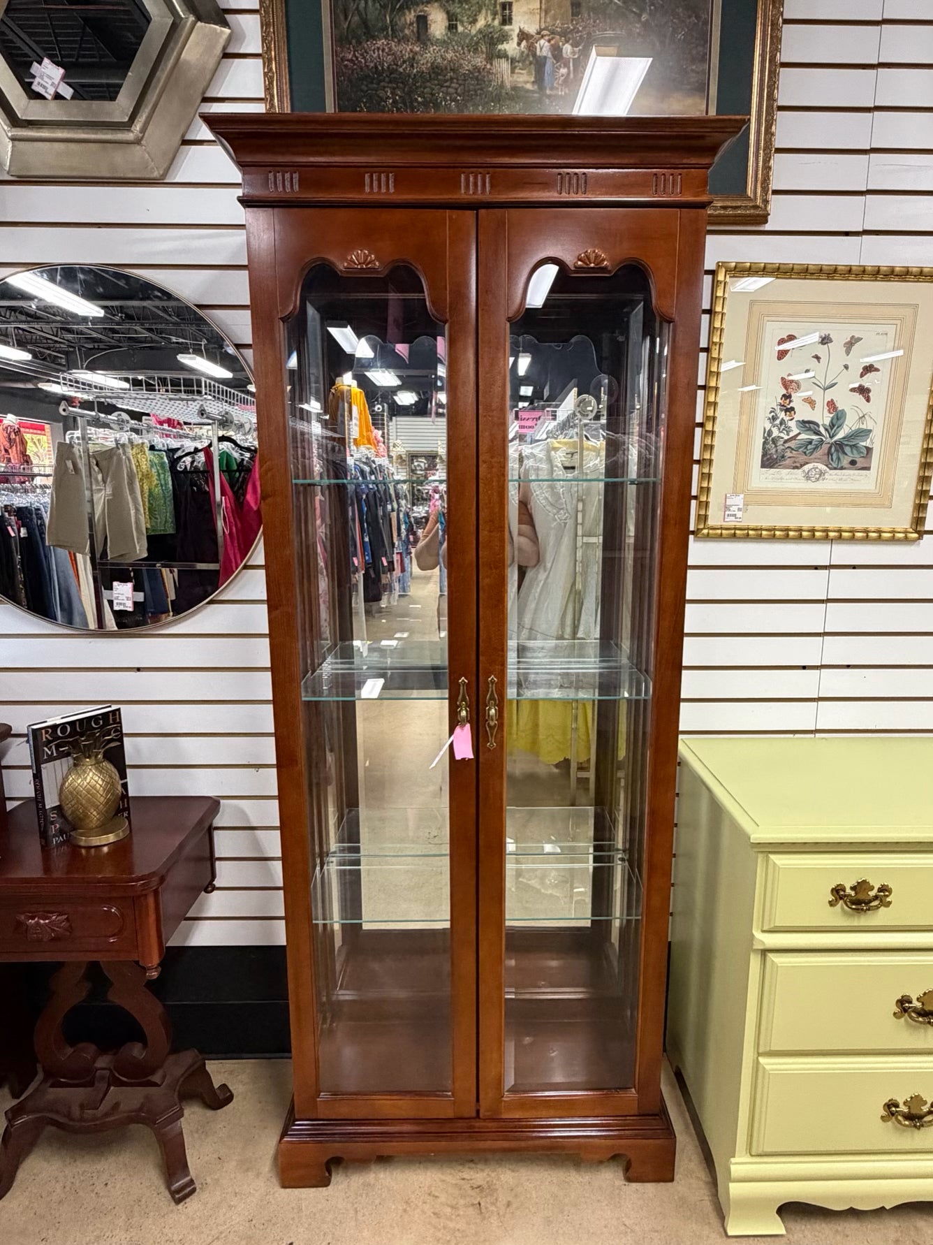 AMERICAN MARTINSVILLE Wood Display Case w/ Light & Glass Shelves