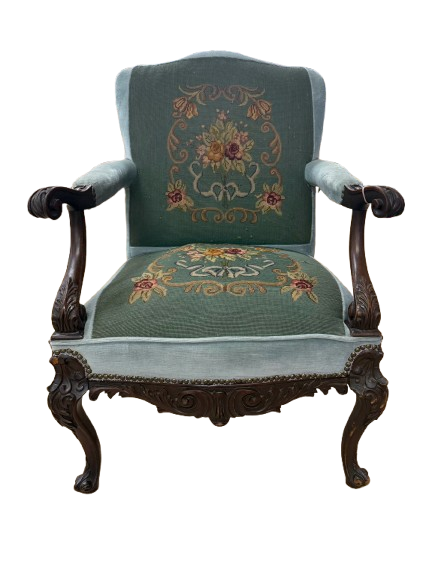 Blue & Pink Wood Queen Ann Chair w/ Needlework