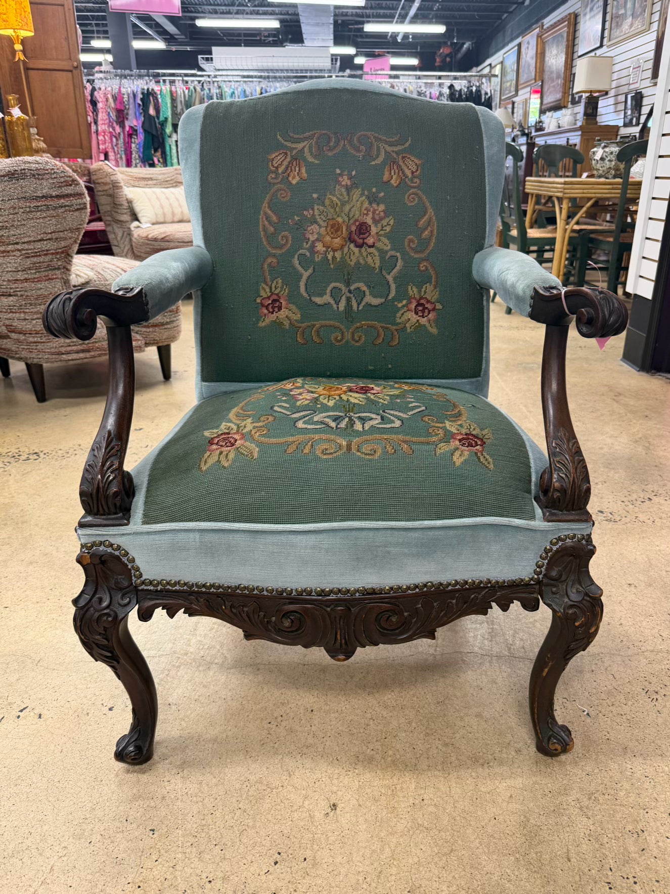 Blue & Pink Wood Queen Ann Chair w/ Needlework