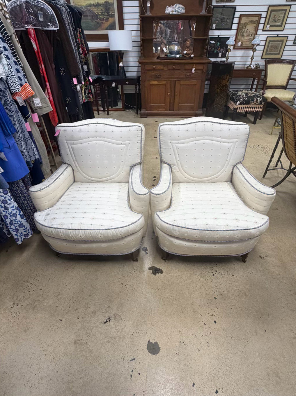 VINTAGE French White, Pink & Blue Pair Of Chairs w/ Braid Trim