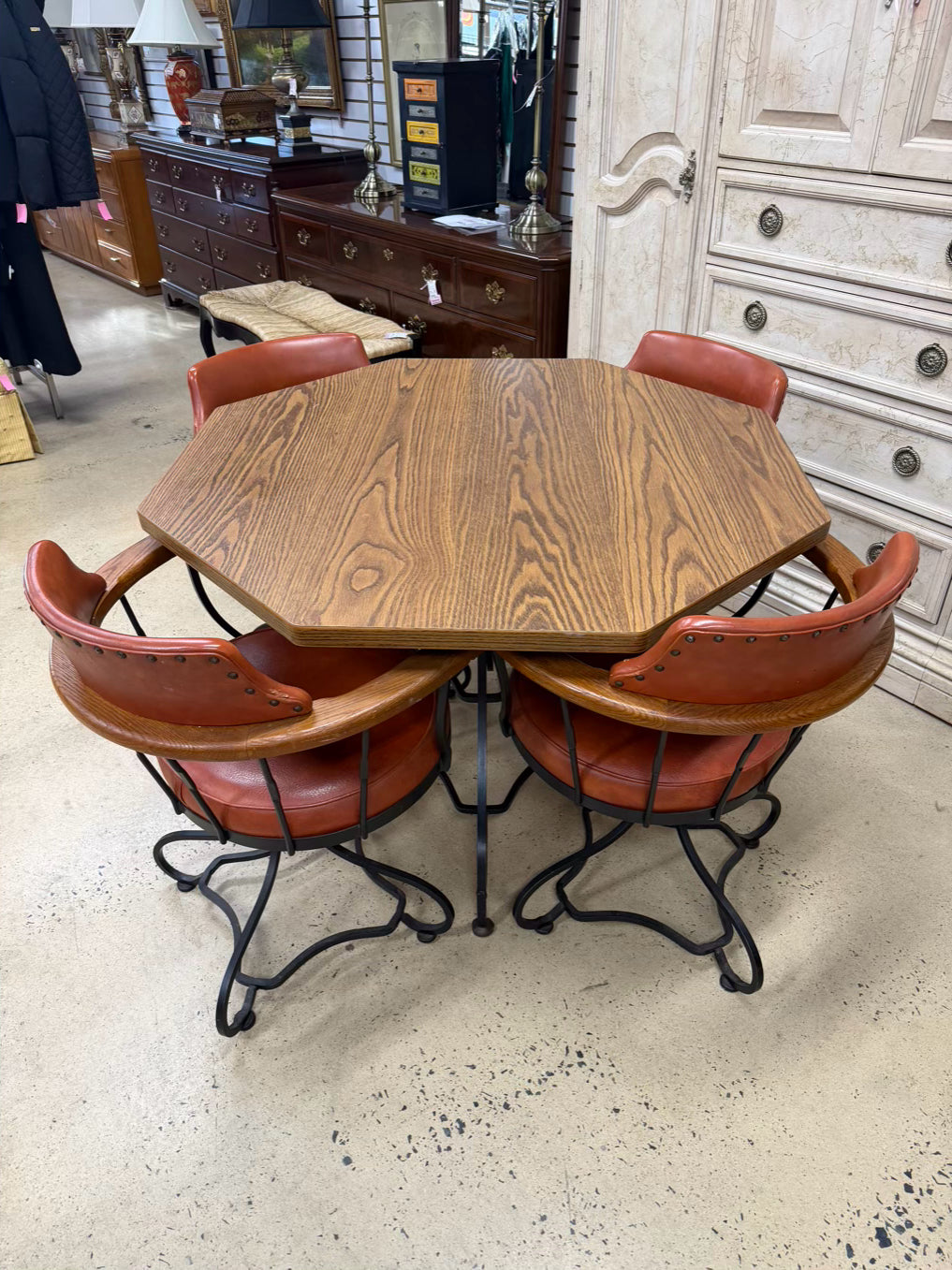 Wood & Wrought Iron Mid Century Card Table & 4 Chairs